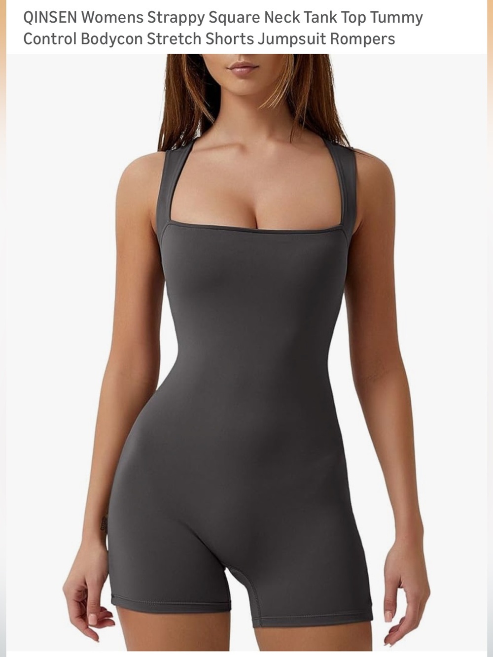 Qinsen Women's Strappy Square Neck Tank Tummy Control Bodycon Romper -turbulence